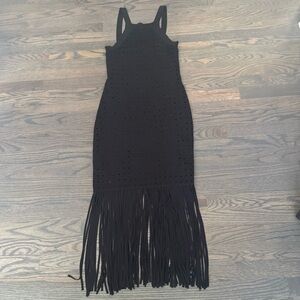 Elegant Black Eyelet Fringe Midi Dress